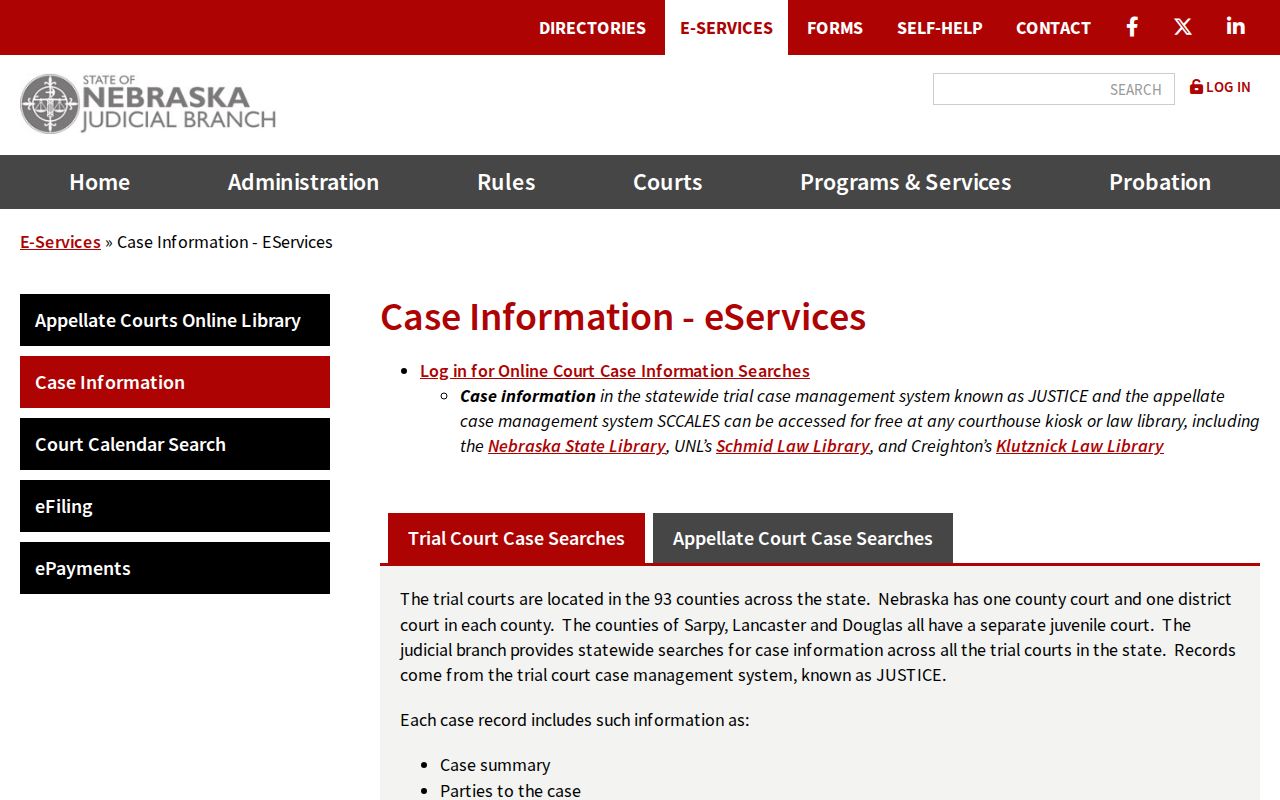 Wayne County court case lookup through Nebraska JUSTICE